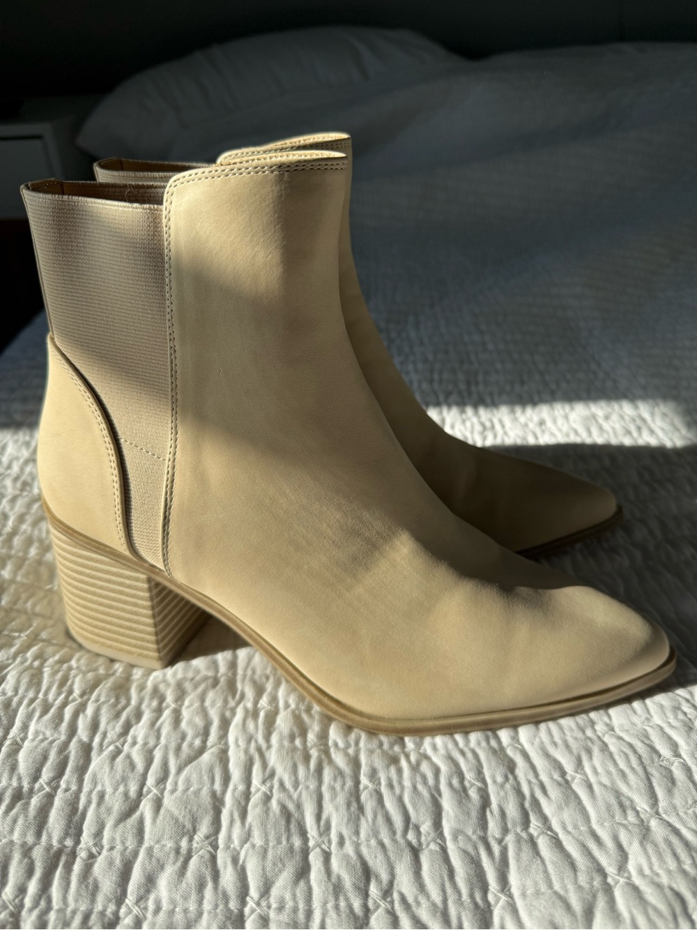 Women's Beige Leather Block Heel Ankle Boots